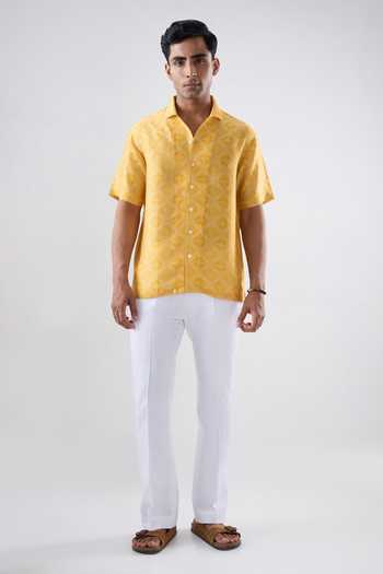 Buy_Raw & Rustic By Niti Bothra_Yellow Silk, Tencel Cuban Collar Bandhani Shirt _Online_at_Aza_Fashions