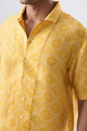 Shop_Raw & Rustic By Niti Bothra_Yellow Silk, Tencel Cuban Collar Bandhani Shirt _Online_at_Aza_Fashions