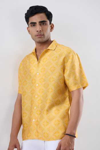 Raw & Rustic By Niti Bothra_Yellow Silk, Tencel Cuban Collar Bandhani Shirt _at_Aza_Fashions