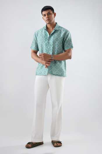Raw & Rustic By Niti Bothra_Turquoise Silk, Tencel Bandhani Pattern Cuban Collar Shirt _Online_at_Aza_Fashions