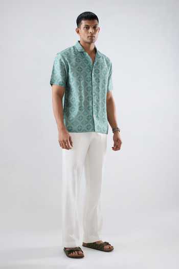 Buy_Raw & Rustic By Niti Bothra_Turquoise Silk, Tencel Bandhani Pattern Cuban Collar Shirt _Online_at_Aza_Fashions