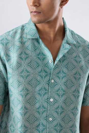 Shop_Raw & Rustic By Niti Bothra_Turquoise Silk, Tencel Bandhani Pattern Cuban Collar Shirt _Online_at_Aza_Fashions