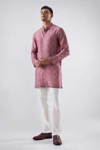 Raw & Rustic By Niti Bothra_Burgundy Silk, Tencel Bandhani Short Kurta _Online_at_Aza_Fashions