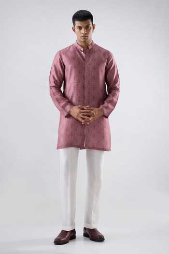 Buy_Raw & Rustic By Niti Bothra_Burgundy Silk, Tencel Bandhani Short Kurta _Online_at_Aza_Fashions