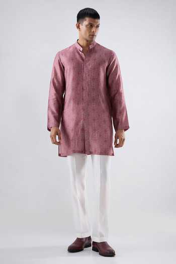 Shop_Raw & Rustic By Niti Bothra_Burgundy Silk, Tencel Bandhani Short Kurta _Online_at_Aza_Fashions