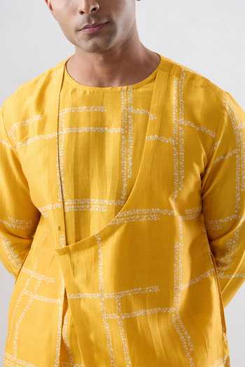 Buy_Raw & Rustic By Niti Bothra_Yellow Silk, Tencel Overlapped Front Bandhani Kurta _Online_at_Aza_Fashions