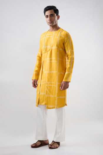 Shop_Raw & Rustic By Niti Bothra_Yellow Silk, Tencel Overlapped Front Bandhani Kurta _Online_at_Aza_Fashions