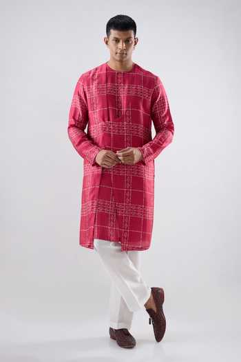 Buy_Raw & Rustic By Niti Bothra_Pink Silk, Tencel Front Overlapped Bandhani Kurta _Online_at_Aza_Fashions