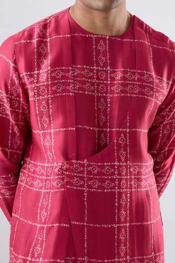 Shop_Raw & Rustic By Niti Bothra_Pink Silk, Tencel Front Overlapped Bandhani Kurta _Online_at_Aza_Fashions