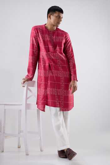 Raw & Rustic By Niti Bothra_Pink Silk, Tencel Front Overlapped Bandhani Kurta _at_Aza_Fashions