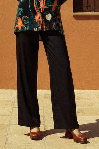 Nautanky_Black Crepe Collared Dawn Garden Organic Motif Shirt And Pant Set _Online_at_Aza_Fashions