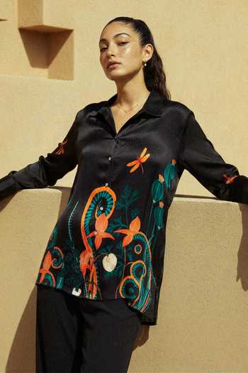 Buy_Nautanky_Black Crepe Collared Dawn Garden Organic Motif Shirt And Pant Set _Online_at_Aza_Fashions