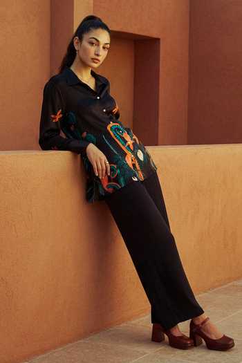 Shop_Nautanky_Black Crepe Collared Dawn Garden Organic Motif Shirt And Pant Set _Online_at_Aza_Fashions