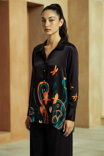 Nautanky_Black Crepe Collared Dawn Garden Organic Motif Shirt And Pant Set _at_Aza_Fashions