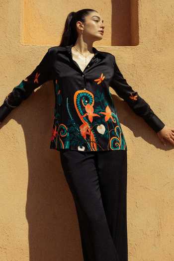 Buy_Nautanky_Black Crepe Collared Dawn Garden Organic Motif Shirt And Pant Set 