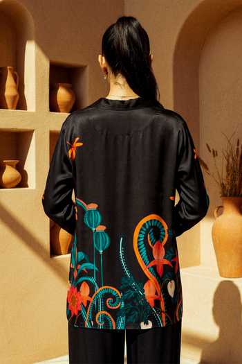 Shop_Nautanky_Black Crepe Collared Dawn Garden Organic Motif Shirt And Pant Set 