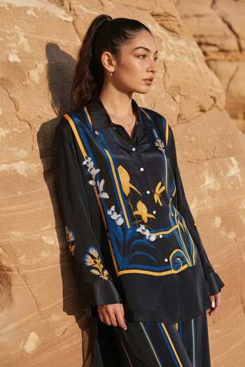 Nautanky_Black Crepe Collared Lantern Tales Printed Shirt And Pant Set _Online_at_Aza_Fashions