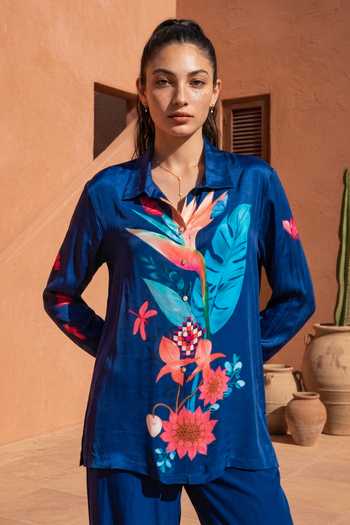 Nautanky_Blue Crepe Collared Liliput Flower Print Shirt And Pant Set _at_Aza_Fashions