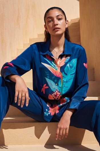 Buy_Nautanky_Blue Crepe Collared Liliput Flower Print Shirt And Pant Set 