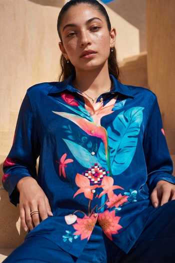 Shop_Nautanky_Blue Crepe Collared Liliput Flower Print Shirt And Pant Set 