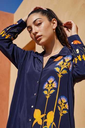 Nautanky_Blue Crepe Collared Wonderland Floral Print Shirt And Pant Set _at_Aza_Fashions