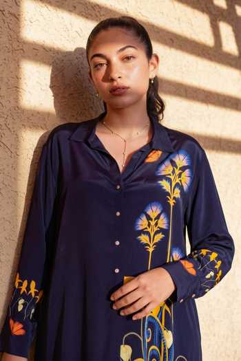 Shop_Nautanky_Blue Crepe Collared Wonderland Floral Print Shirt And Pant Set 