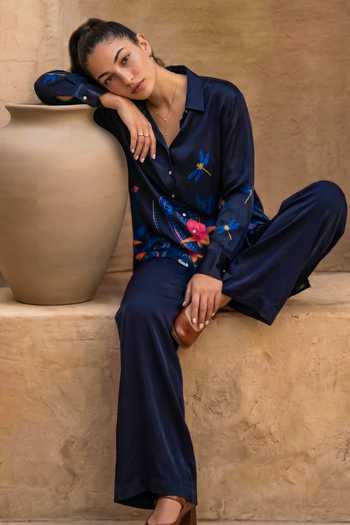 Nautanky_Blue Crepe Collared Bulb Garden Shirt And Pant Set _Online_at_Aza_Fashions