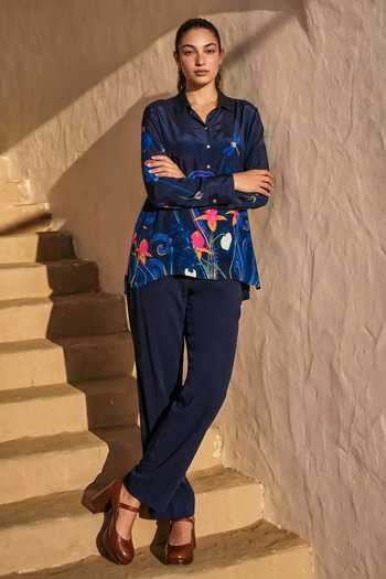 Nautanky_Blue Crepe Collared Bulb Garden Shirt And Pant Set _at_Aza_Fashions