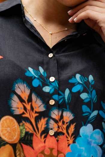 Nautanky_Black Crepe Collared Pandora Floral Bunch Print Shirt And Pant Set _Online_at_Aza_Fashions
