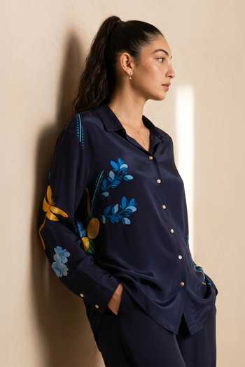 Nautanky_Blue Crepe Collared Lemongrass Printed Shirt And Pant Set _Online_at_Aza_Fashions