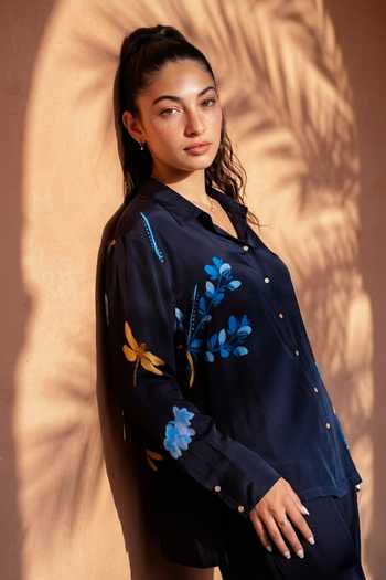 Buy_Nautanky_Blue Crepe Collared Lemongrass Printed Shirt And Pant Set _Online_at_Aza_Fashions