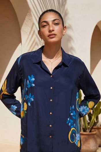 Nautanky_Blue Crepe Collared Lemongrass Printed Shirt And Pant Set _at_Aza_Fashions