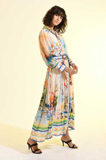 Bhanuni By Jyoti_Multi Color Viscose Collared Coastal Print Shirt Dress _Online_at_Aza_Fashions