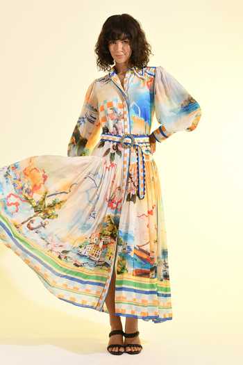 Bhanuni By Jyoti_Multi Color Viscose Collared Coastal Print Shirt Dress _at_Aza_Fashions
