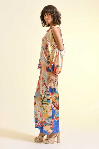 Bhanuni By Jyoti_Multi Color Viscose V-, Keyhole Coastal Print Cold Shoulder Top _Online_at_Aza_Fashions