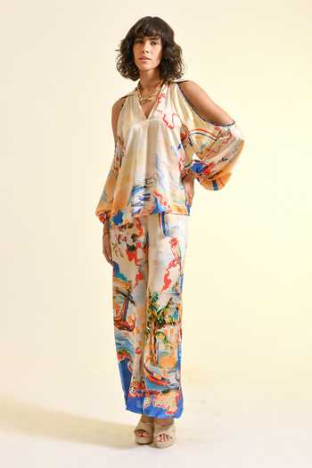 Buy_Bhanuni By Jyoti_Multi Color Viscose V-, Keyhole Coastal Print Cold Shoulder Top _Online_at_Aza_Fashions