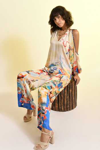 Shop_Bhanuni By Jyoti_Multi Color Viscose V-, Keyhole Coastal Print Cold Shoulder Top _Online_at_Aza_Fashions