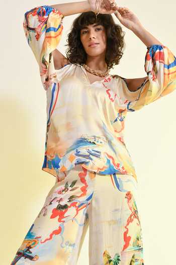 Bhanuni By Jyoti_Multi Color Viscose V-, Keyhole Coastal Print Cold Shoulder Top _at_Aza_Fashions