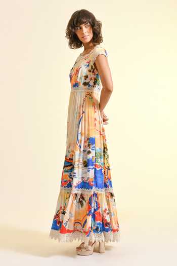 Bhanuni By Jyoti_Multi Color Viscose Boat Neck, Off-shoulder Coastal Print Maxi Dress _Online_at_Aza_Fashions