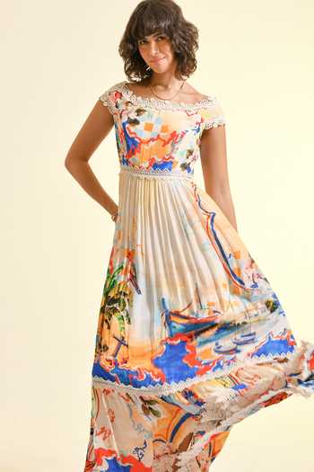 Shop_Bhanuni By Jyoti_Multi Color Viscose Boat Neck, Off-shoulder Coastal Print Maxi Dress _Online_at_Aza_Fashions