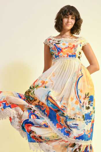 Bhanuni By Jyoti_Multi Color Viscose Boat Neck, Off-shoulder Coastal Print Maxi Dress _at_Aza_Fashions