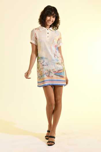 Bhanuni By Jyoti_Multi Color Viscose Polo Collar Coastal Print Mini Dress _Online_at_Aza_Fashions