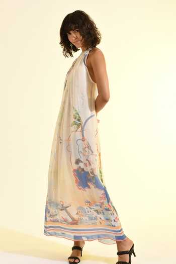 Bhanuni By Jyoti_Multi Color Viscose Halter Neck Coastal Print Maxi Dress _Online_at_Aza_Fashions