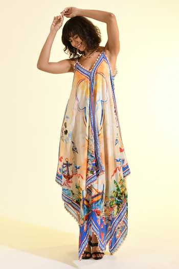 Bhanuni By Jyoti_Multi Color Viscose V-neck Coastal Print Handkerchief Maxi Dress _Online_at_Aza_Fashions