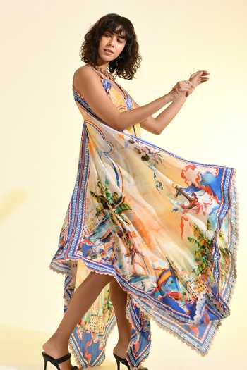 Bhanuni By Jyoti_Multi Color Viscose V-neck Coastal Print Handkerchief Maxi Dress _at_Aza_Fashions