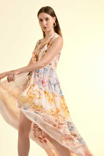 Bhanuni By Jyoti_Multi Color Viscose V-neck Aether Printed Maxi Dress _Online_at_Aza_Fashions