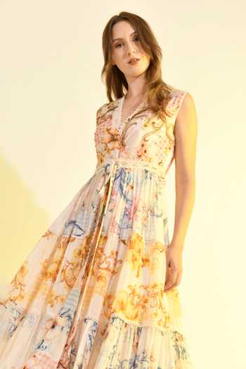 Shop_Bhanuni By Jyoti_Multi Color Viscose V-neck Aether Printed Maxi Dress _Online_at_Aza_Fashions