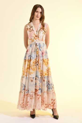 Bhanuni By Jyoti_Multi Color Viscose V-neck Aether Printed Maxi Dress _at_Aza_Fashions