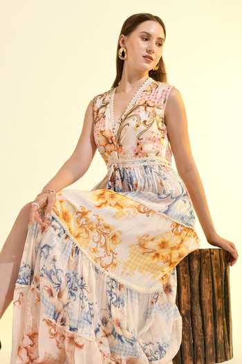 Buy_Bhanuni By Jyoti_Multi Color Viscose V-neck Aether Printed Maxi Dress 