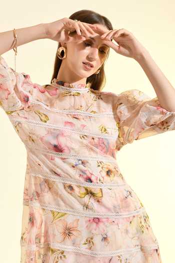 Bhanuni By Jyoti_Pink Viscose Round Neck Aether Printed Mini Dress _Online_at_Aza_Fashions